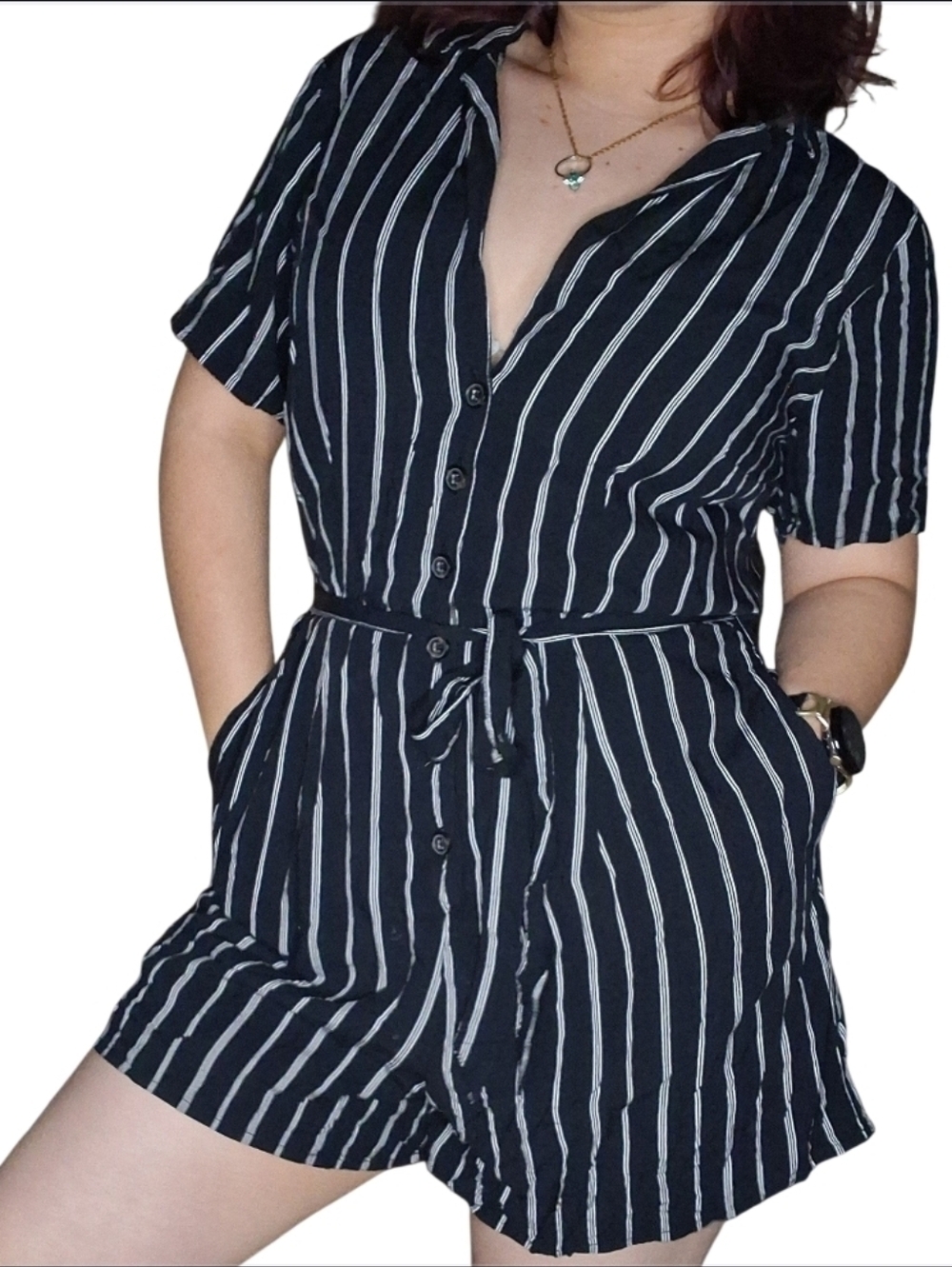 Abercrombie & Fitch Black & White Striped Romper | Tie Waist Belt | Chic Casual